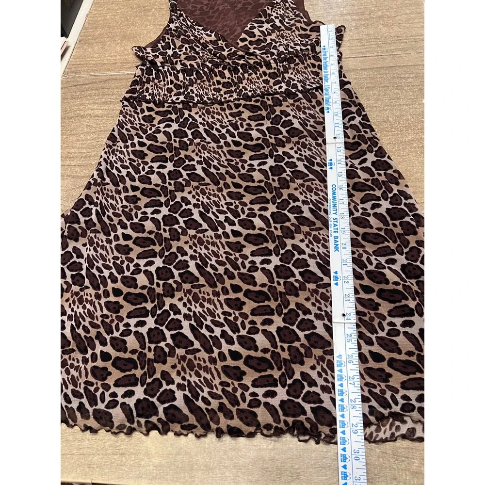 BCBG MaxAzria Y2K Brown Animal Print MIDI Baby Doll Dress Mesh Lined Sz LG Party